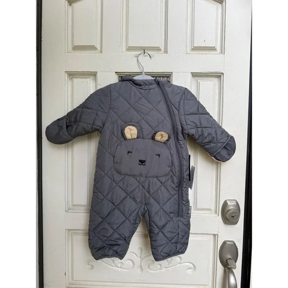 Wippette Baby Quilted Pram Suit Charcoal Bear Ears Hooded Winter Size 3/6 Months