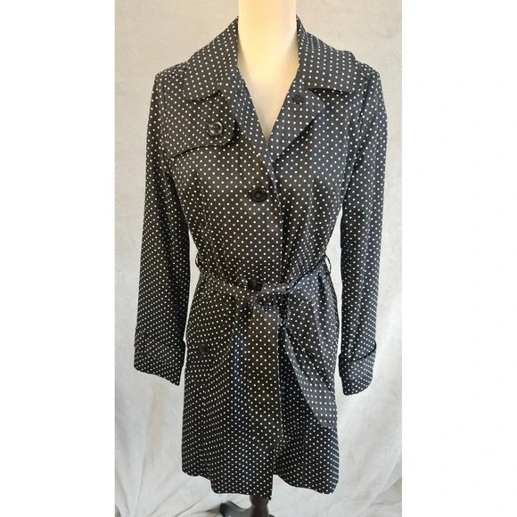 London Fog Black Trench Coat Polka Dot SMALL Mid-Length Jacket Button Front Belt