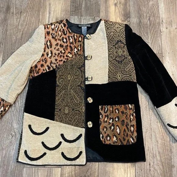 Indigo Moon Patchwork Tapestry Leopard Paisley Velvet Artisan 90s Jacket XS‎