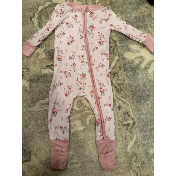 Posh Peanut Pink Floral Bamboo Foldover Feet Zipper Romper 9-12 Months NEW