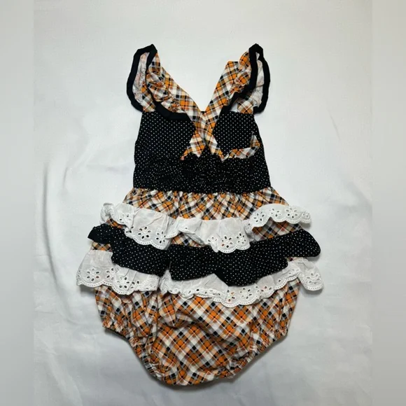 RICRAC AND RUFFLES ORANGE AND BLACK PLAID BUBBLE ROMPER‎  THANKSGIVING SIZE 2T