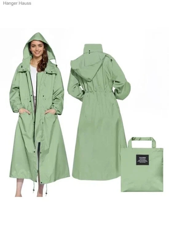 Waterproof Packable Long Raincoat Hooded Windbreaker Lightweight Adjustable