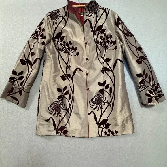 Elegant Asian Velvet Satin Floral Reversible Kimono Coat‎ Size 14