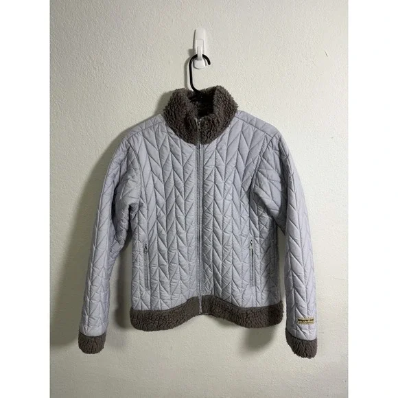WOMENS‎ PATAGONIA JACKET SIZE MEDIUM GRAY QUILTED WITH FLEECE COLLAR / CUFFS