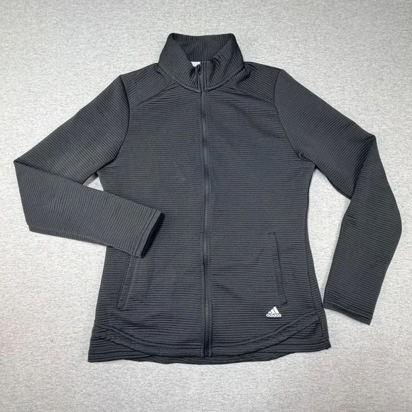 EUC Adidas Golf Women Medium Black Ribbed Full Zip Jacket Thumbhole Athletic Top