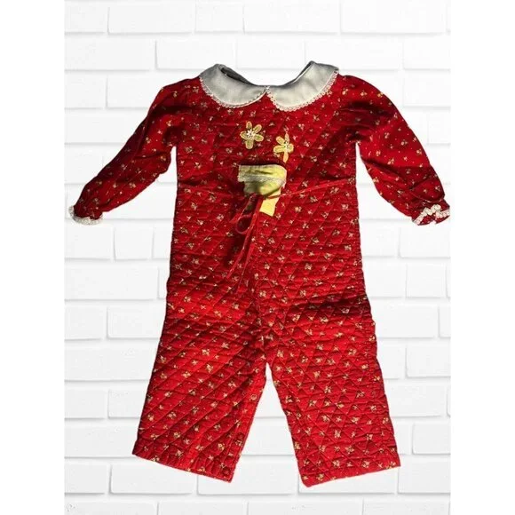 VTG Little One by Johnston Jumpsuit Baby‎ Girls 18-24M Floral Red Lace Quilted