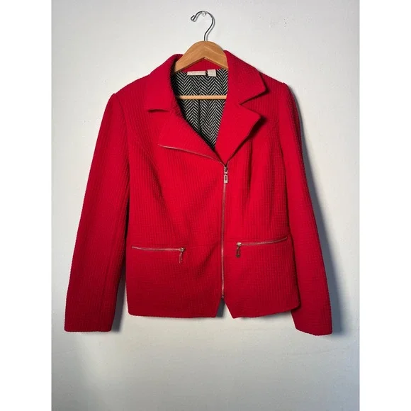 Chico's Red Waffle Knit Asymmetrical Zip Moto Jacket Size 1 Medium‎