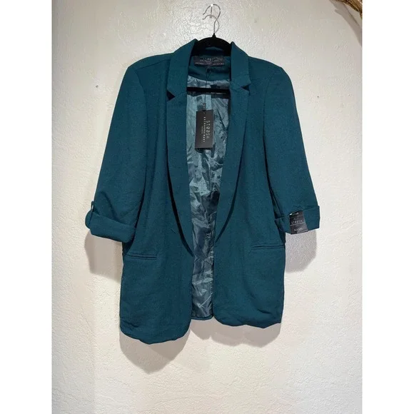 Stoosh Women Hunter Green Open Front 3/4‎ Sleeve Crepe Blazer Medium NWT
