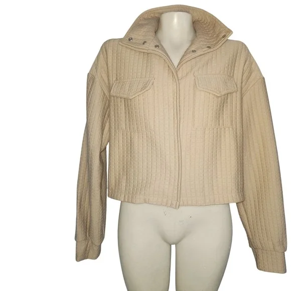 Toppies Tan Quilted Cropped Jacket Snap Collar Utility Pockets Camel‎ Beige L