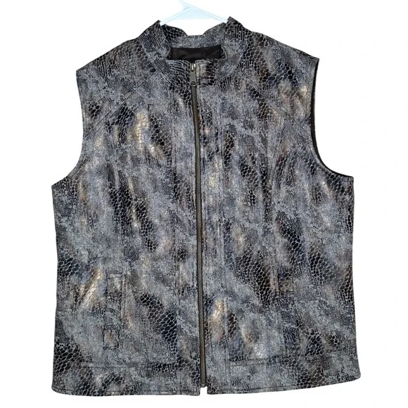 Whimsical Textured Snake Print Zipper Vest Jacket Metallic Accents M Wool Blend