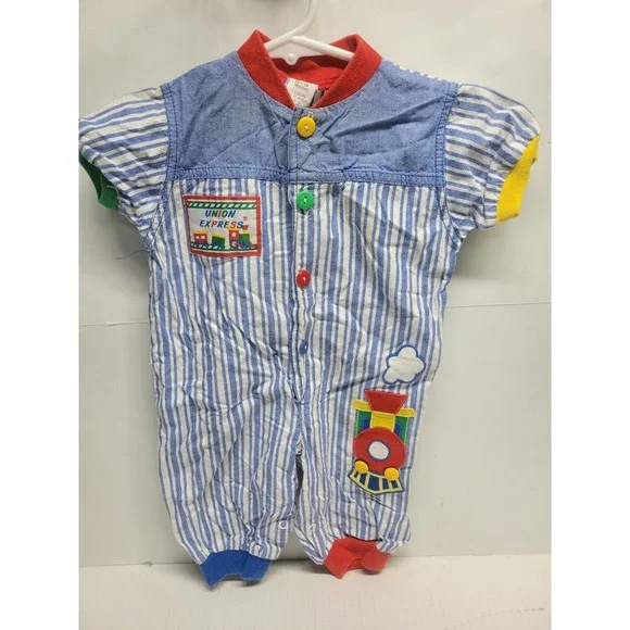 Vintage Union Express Train Romper 6-9 Months Blue White Striped Cotton Baby‎