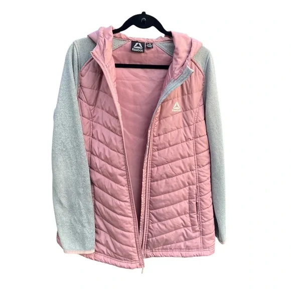 Reebok Womens Jacket‎ L Pink Gray Quilted Hooded Mixed Media Zip Up