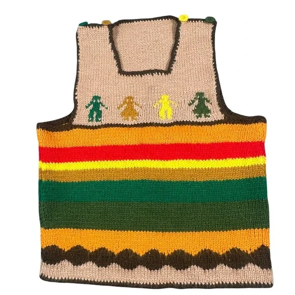 Vintage Hand Knit‎ Striped Sweater Vest Bohemian Square Neck Multi Color Small