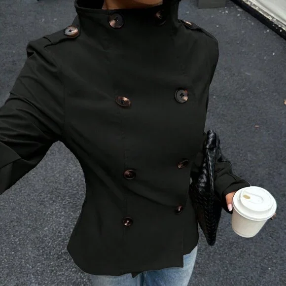 Black Casual Women's Double-Breasted Long Sleeve Trench mini Coat jacket