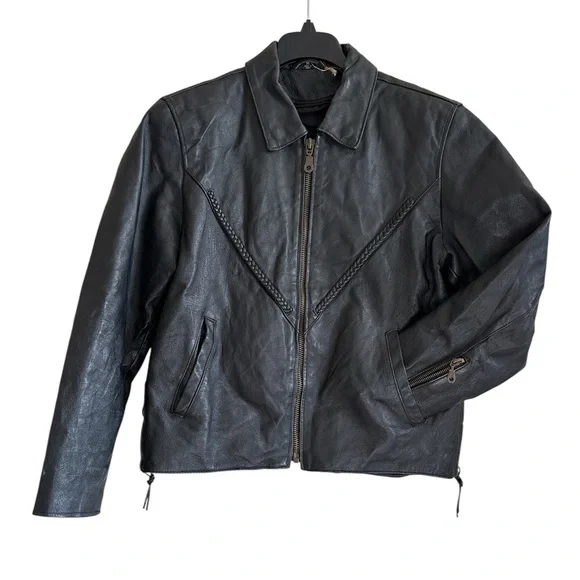 Vintage Leather Jacket Biker Black Braided Motorcycle Women’s Size M Crop Corset