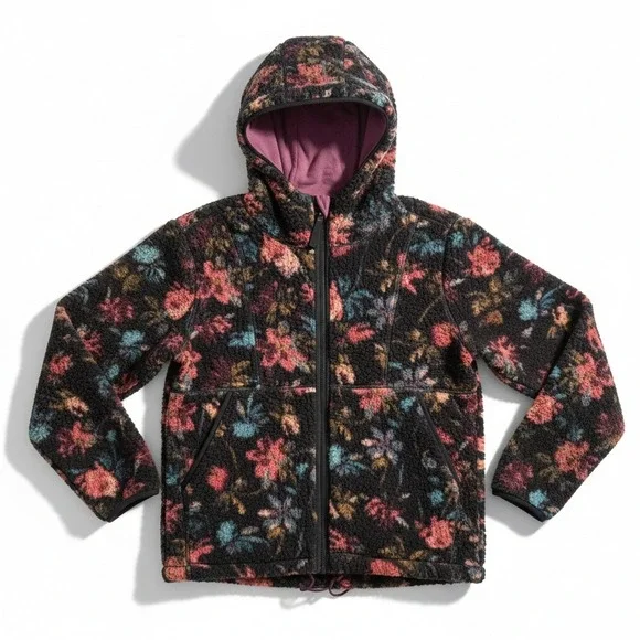 Prana Fleece Jacket Floral Print Hooded Zip‎ Up Cozy Warm Size S