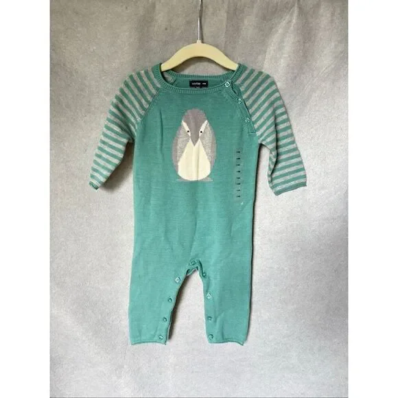 NWT Baby Gap Teal Knit Penguin Pajamas Coveralls Romper snap Closure size 3-6M