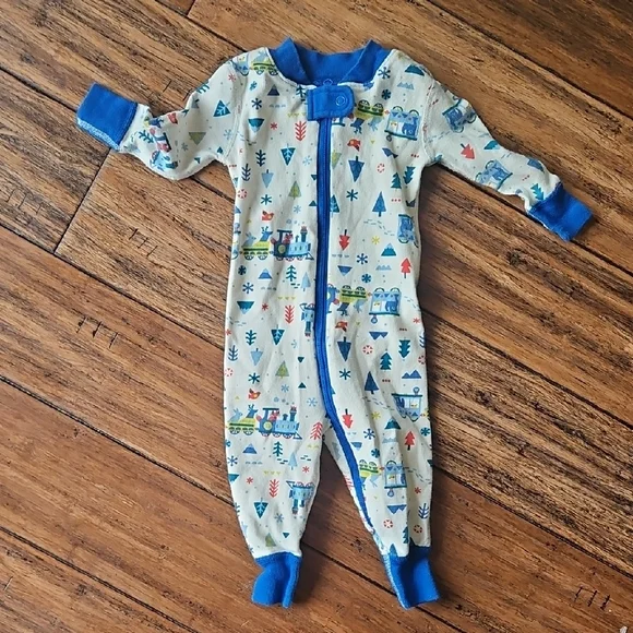 Hanna Andersson Christmas Zip Up Onesie Train Print 3-6‎ Month