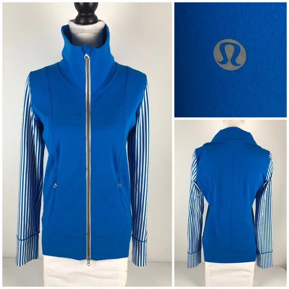 Lululemon Women 6 Daily Yoga Jacket Beaming Blue White Striped Full Zip Mock