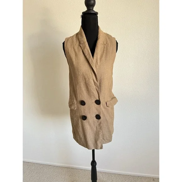 Mango MNG Casual Tan Linen Blend Herringbone Longline Vest Sleeveless Blazer XXS