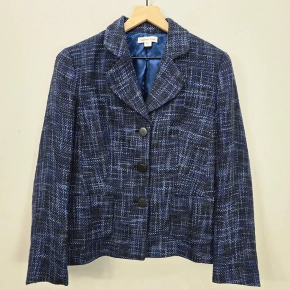 Vintage Coldwater Creek Tweed Jacket Blazer 10 Blue Linen Blend Office Career