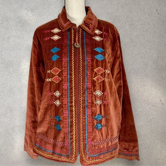 Coldwater Creek New Deadstock Southwestern Rust Velvet Embroidered‎ Jacket P-XL