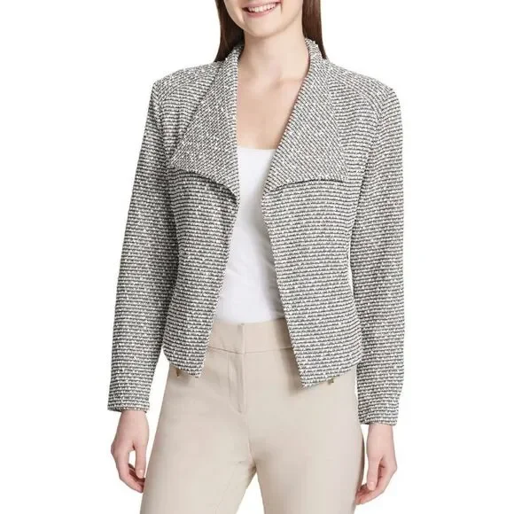 New! CALVIN KLEIN Textured Knit Flyaway Jacket Blazer Open-Front Zip-Pockets LRG