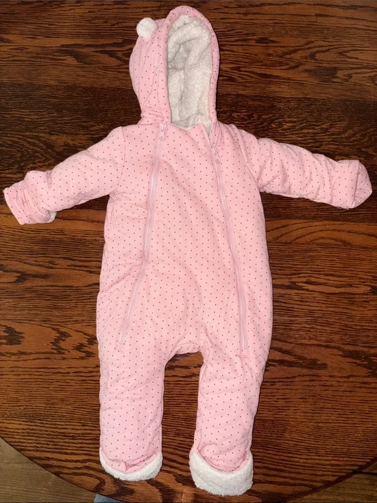 GAP Pink Hooded Baby Snowsuit One-Piece with Tiny Polka Dots