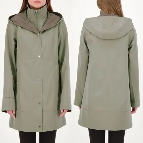 New! JONES NEW YORK Women's Two-Tone Hooded Rain Coat Jacket Water Resistant