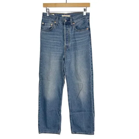 Levis Womens 27 Ribcage Straight Leg Jeans Button Fly Medium Rinse Wash Cotton