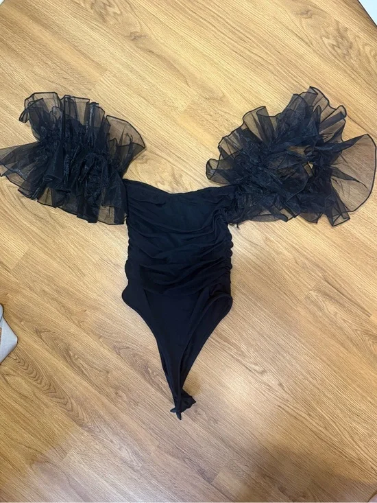 Mariah Davis Black Ruffle- off the shoulder body suit