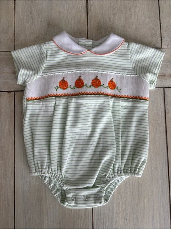 Petit Bebe Green White Stripe Smocked Pumpkins One Piece Romper