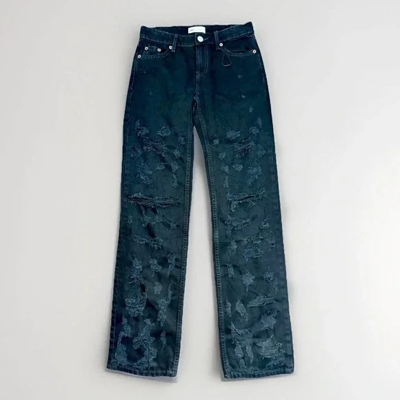 Zara Black Distressed‎ Ripped Straight Leg Jeans Womens Size 0 Distressing 27x31