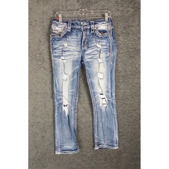Rock Revival Jeans Womens 28 Yandel‎ Blue Mid Rise Cropped Rhinestone Distressed