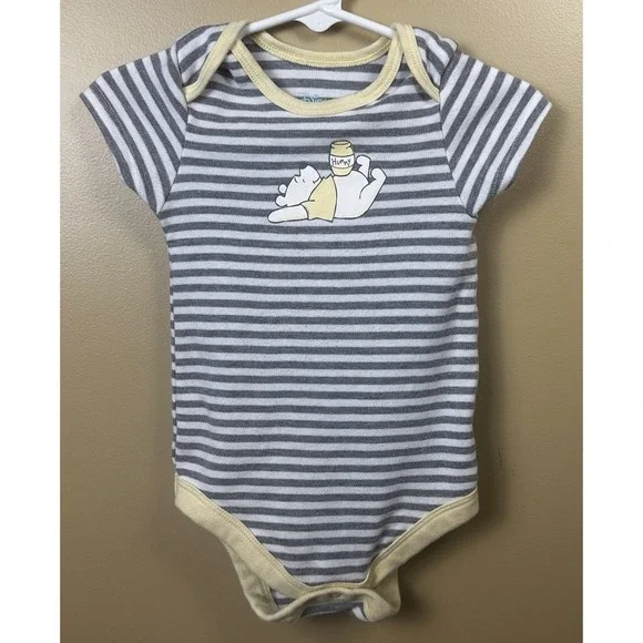 Winnie The Pooh Disney‎ Baby Bodysuit Size 12 Months- Yellow Piping - Grey/White
