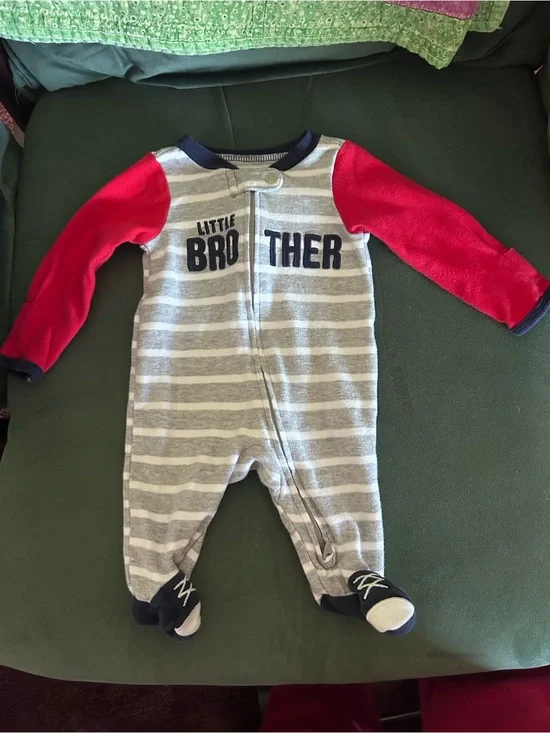 Carter's Gray & Red Striped 'Little Brother' Footed One-Piece