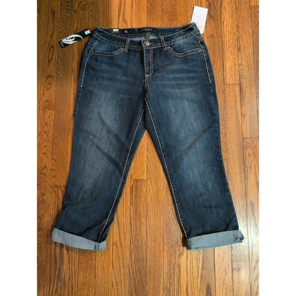 NWT Nine West Mid Rise Cuffed Capri Cropped Blue Denim Jeans Sz 6 / 28 Dark Wash
