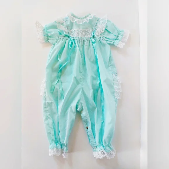 80s Infant Romper Light‎ Blue Ruffle Bum size 6m Toddle Tyke Cottagecore