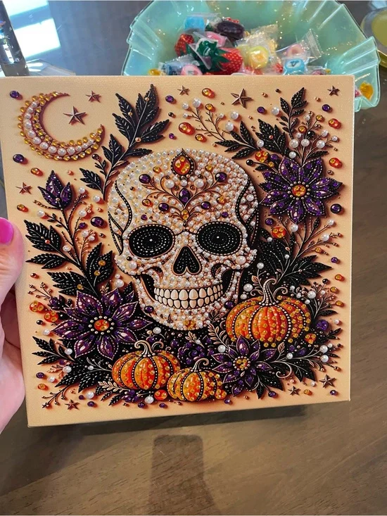 Embellished Skull & Pumpkins Gem Canvas Wall Art