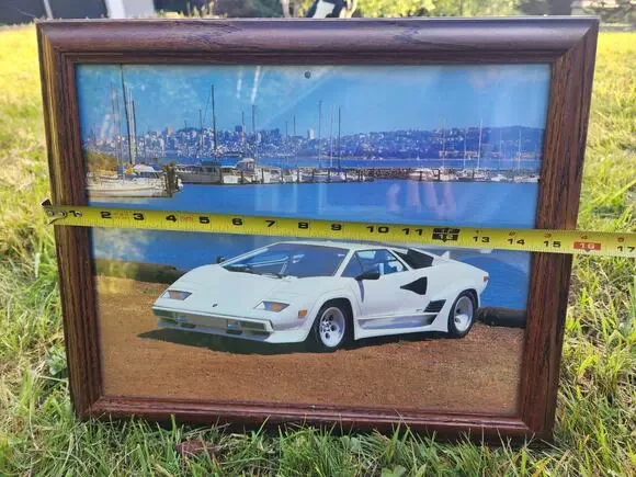 VINTAGE 1989 WHITE LAMBORGHINI COUNTACH WOODEN FRAMED PRINT