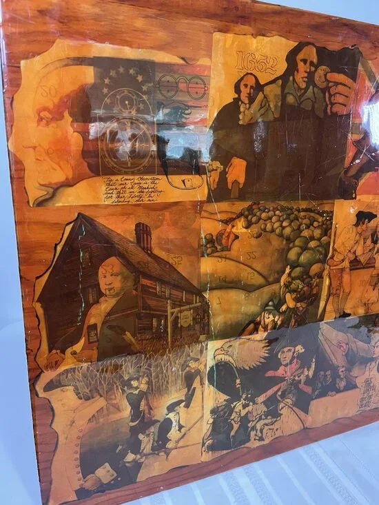 VTG 70s Colonial Americana Decoupage Wood Wall Art Revolutionary War Folk Rustic