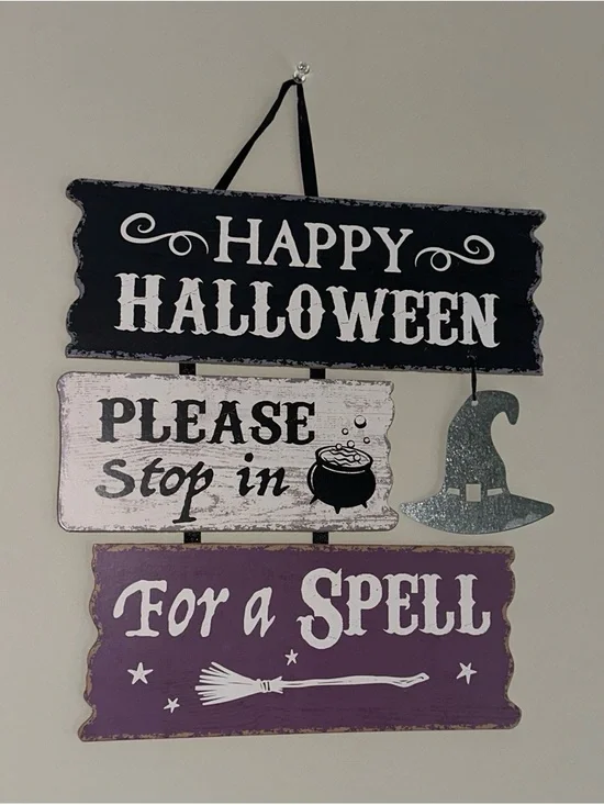 Happy Halloween Wall Sign - Purple, Black & White Halloween Decor