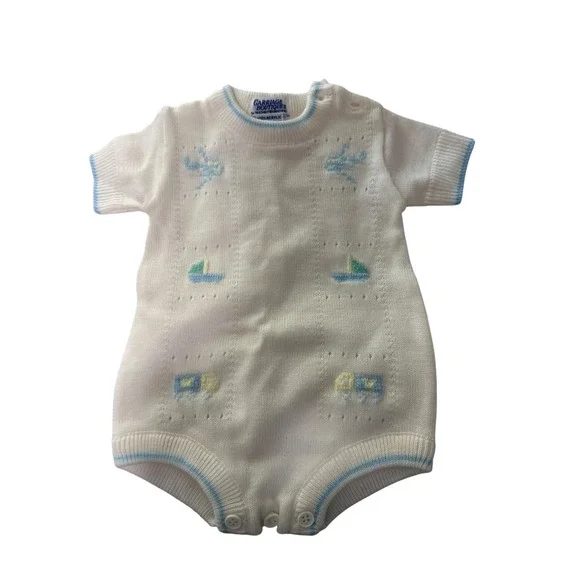 Carriage Boutiques Vintage Knit Romper White Blue Airplane Sailboat Truck 3-6M