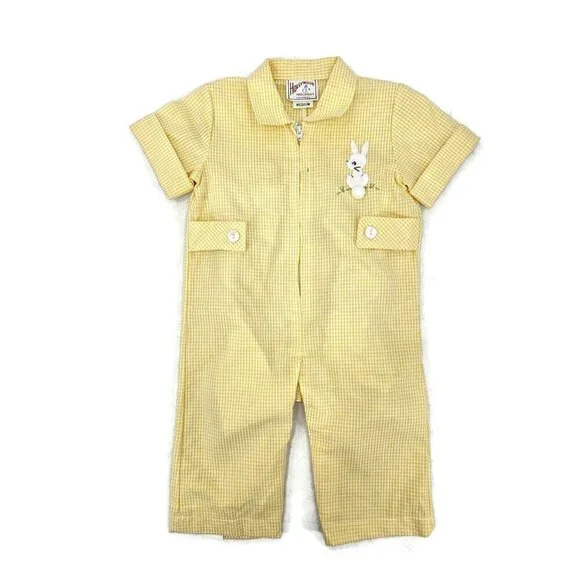 VTG Deadstock Hollywood Needlecraft Baby Outfit Size Medium Yellow Gingham Bunny