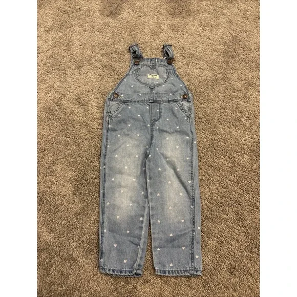 OshKosh B'gosh Overalls Girls 3T Toddler Blue Denim Pink Heart Print Bibs Cotton