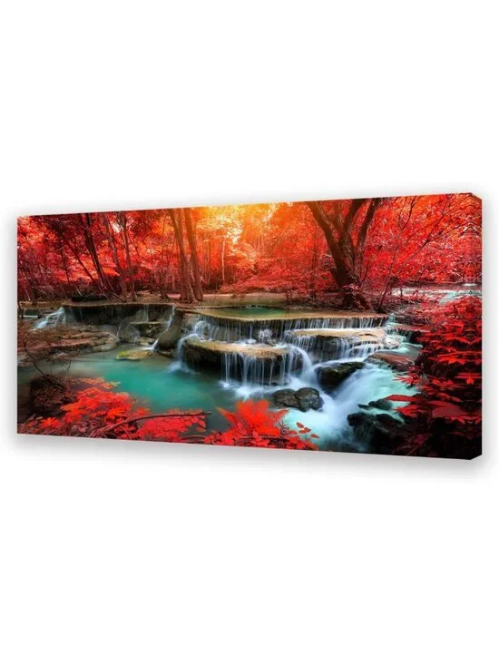 Stunning Red Forest Waterfall Canvas Art - Modern Landscape Wall Decor for Home