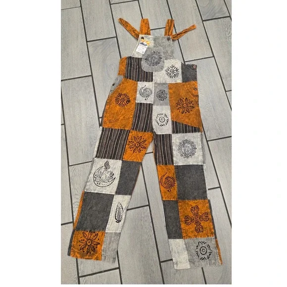 Rising International Patchwork Overalls Sun Moon Boho Hippie Nepal Small D1136