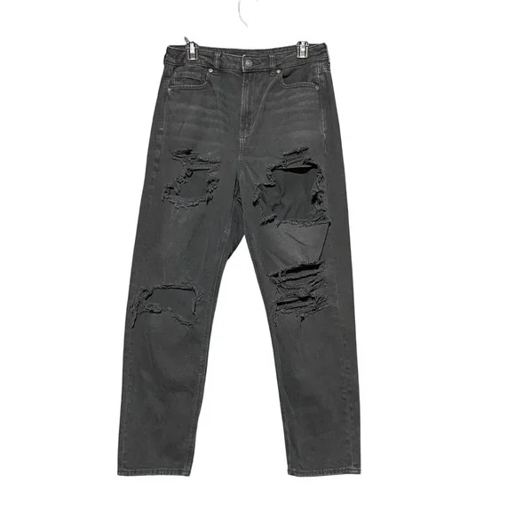 American Eagle Mom Jeans Womens 10R Faded Black Distressed Ripped High Rise