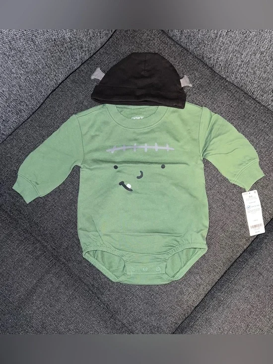 Carter's Green Frankenstein bodysuit romper with Black Hat