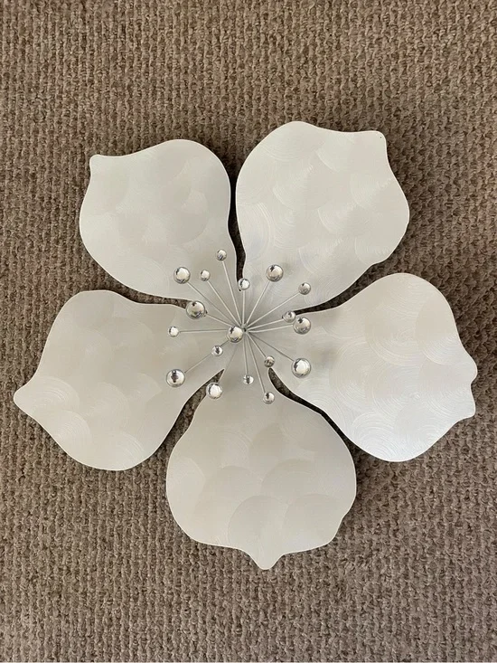 Decorative White Metal Floral Wall Art with Silver Accents